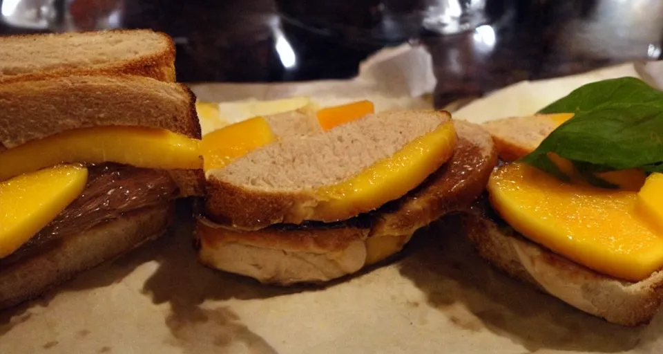 Prompt: foie gras sandwich with mango covered with huge amount of honey, bad, grainy and blurry amateur photo