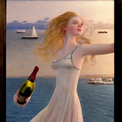 Image similar to Elle Fanning on a yacht next to a bottle of champagne, extremely detailed masterpiece, illustration, by Michael Sowa,