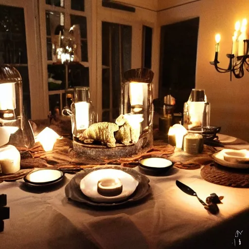 Prompt: tardigrade!!! dining room in a dark mansion, realistic, highly detailed, rests of food, candle lighting