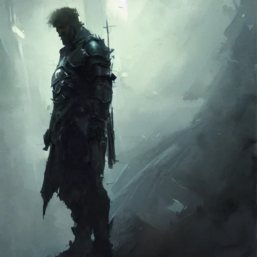 Image similar to Portrait painting of weary paladin by greg rutkowski and Craig Mullins, Dark atmospheric and cinematic lighting