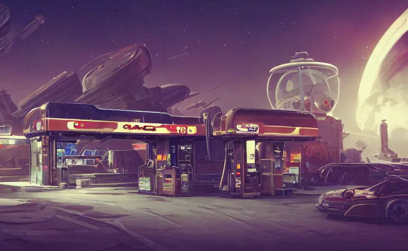 Image similar to gas station in space, 8 k, steampunk, hard edges, zoomed in, very coherent, sharp focus, rim light, exquisite lighting, hard edges, sci - fi, print, cinematic, game art, concept art, trending on artstation