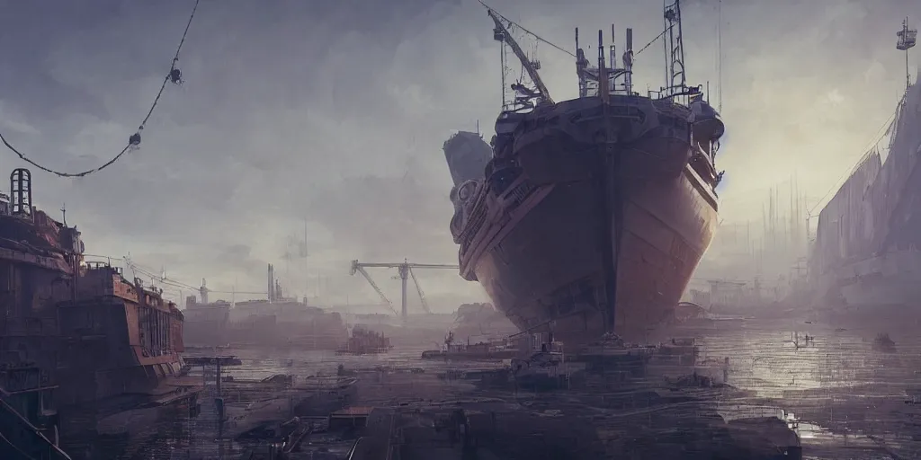 Image similar to old gigantic futuristic rusty boat, harbour of cyberpunk city, mist, cranes, spaceship cargo in dry dock, morning, some seagulls, greg rutkowski, artstation