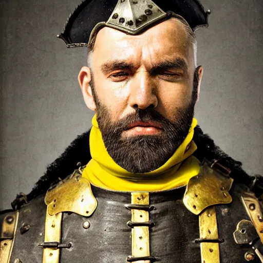 Image similar to Closeup of frustrated and acerbic male medieval sergeant with a {short} beard wearing a {black!!!! and yellow tabard} over a steel breastplate and a black gambeson looking up from a map on a table, intricate, dramatic lighting illustration by Greg Rutkowski, {perfect face}, {perfect eyes}, fantasy