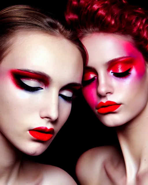 Prompt: portrait of two sexy young super models, fashion, super model, modeling, pastel makeup, worksafe, clothes fully on, dressed up, red lips, inner glow, beautiful detailed face, by baars ingrid