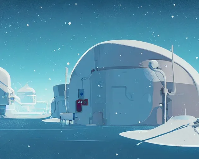 Image similar to A scientific base in north pole, cold, snowy, art by James Gilleard, James Gilleard artwork