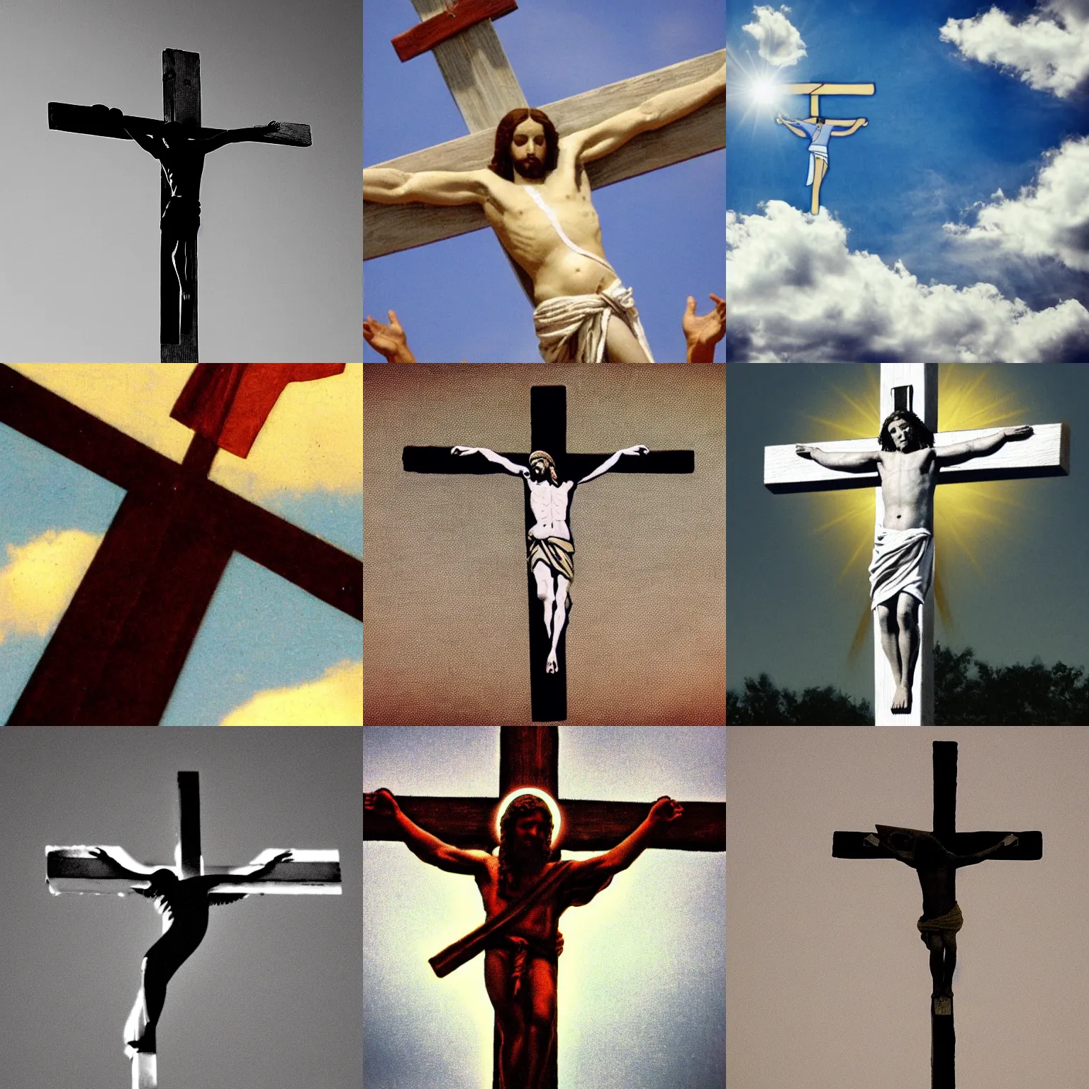 Prompt: Jesus on the cross flying in the sky