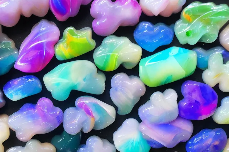 Image similar to a huge flock of many smooth plastic puffy filigreed clouds. whirling ultra detailed gemstone crystals, art nouveau jungle environment, playful, award winning art, epic dreamlike fantasy landscape, ultra realistic,