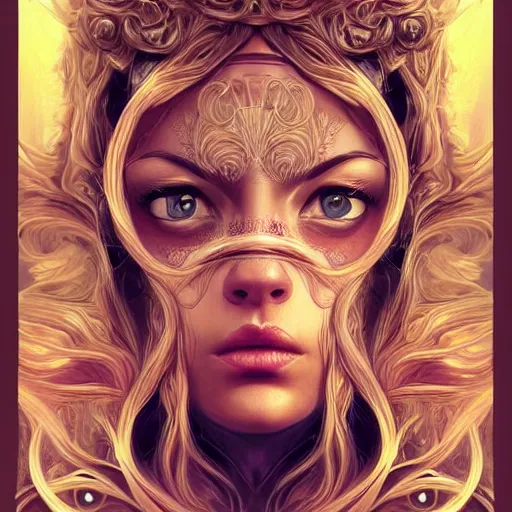 Image similar to head-on symmetrical centered painted portrait, warrior princess, voluminous blonde hair, art nouveau, fractal tarot card style, masterpiece, fantasy, intricate, elegant, highly detailed, smooth, sharp focus, illustration, artstation, in the style of Artgerm and Anna Podedworna and Alex Ross and Mucha