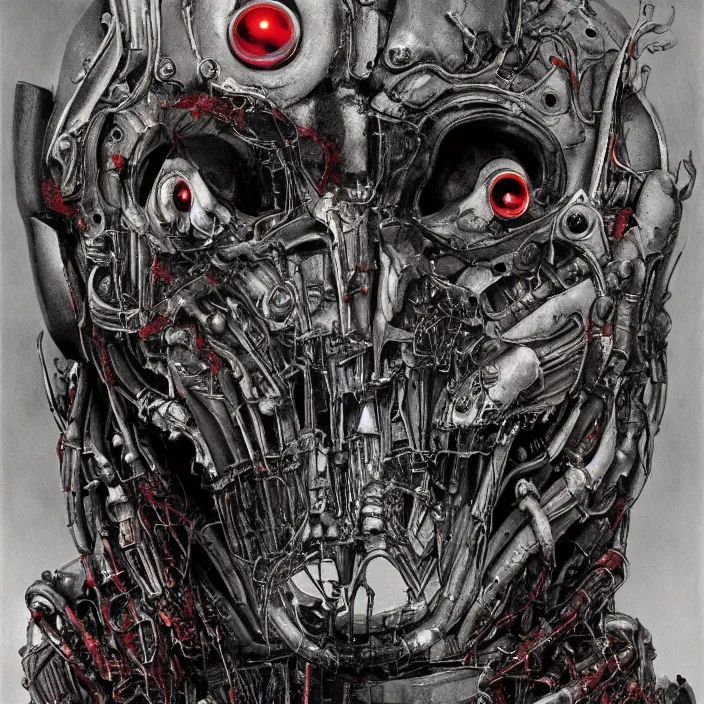 Image similar to in the art style of H.R. Giger a portrait of an evil, demented, battle-damaged ruby Ultron from Age of Ultron, clockwork steampunk, head and chest only, by Beksinski, 4k, deviantart, trending on artstation, bio-chemical, bionic, fiber-optics, wires, electrical, short circuit, robocop, terminator, t-800, T-1000, endoskeleton, steampunk