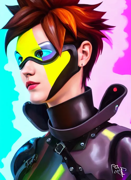 Prompt: overwatch style oil painting portrait of tracer overwatch, confident pose, wearing black iridescent rainbow latex, rainbow, neon, 4 k, expressive surprised expression, makeup, wearing detailed black leather collar, wearing sleek armor, studio lighting, black leather harness, expressive detailed face and eyes,