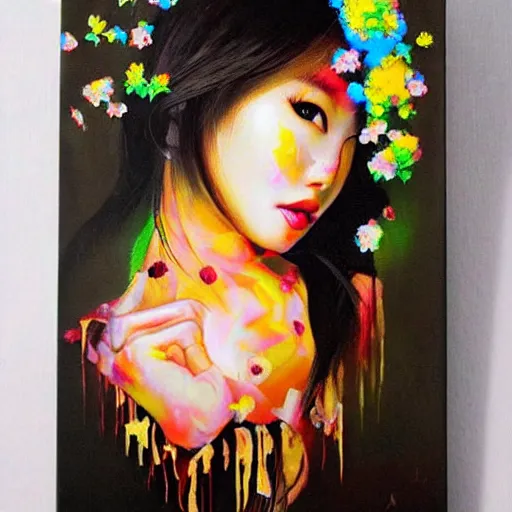 Prompt: beautiful japanese model with face melting into acrylic painting