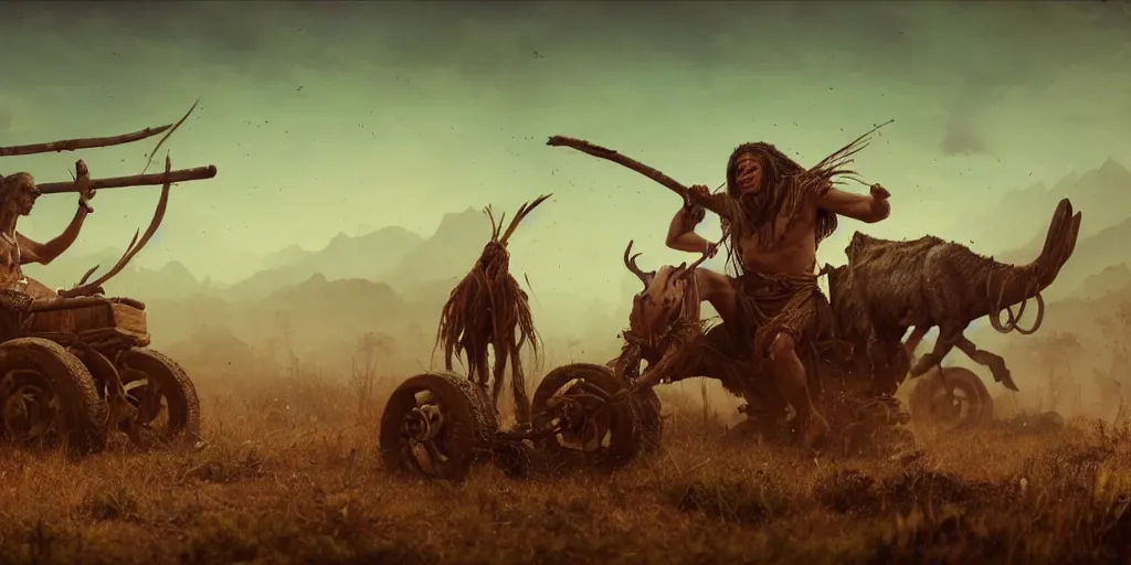 Image similar to photo of an ancient tribesman on ancient atv with wooden wheels, hunting buffalo ,attacking, chase, action scene, an epic fantasy, dramatic lighting, cinematic, establishing shot, extremely high detail, photorealistic, cinematic lighting, artstation, octane render, by simon stalenhag, horizon forbidden west,old photo, high speed photography, vintage