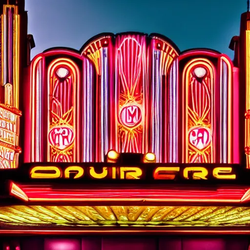 Image similar to an ornate art deco movie theater, dslr, beautiful, colorful,