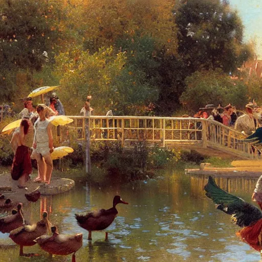 Prompt: a duck pond with passersby passing by and taking pictures with gigantic cameras, highly detailed painting by gaston bussiere, craig mullins, j. c. leyendecker