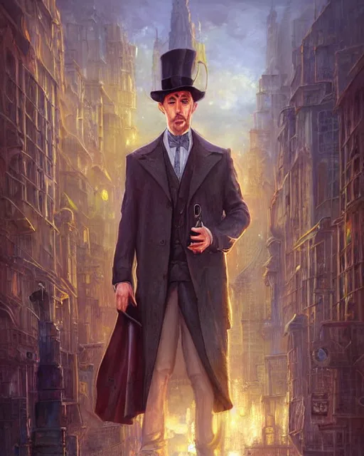 Prompt: portrait of sherlock holmes standing in a futuristic city street, soft colours, detailed, realistic, digital art, by alayna lemmer, by tom bagshaw