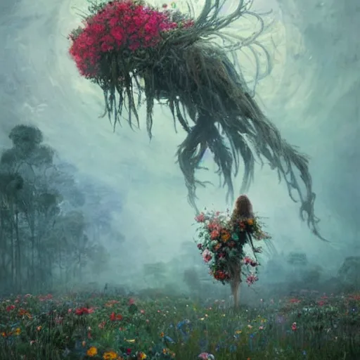 Image similar to a gigantic beautiful terrifying monster made of flowers looms over a tiny human. ethereal horror fantasy art by greg rutkowski and magali villanueve and monet