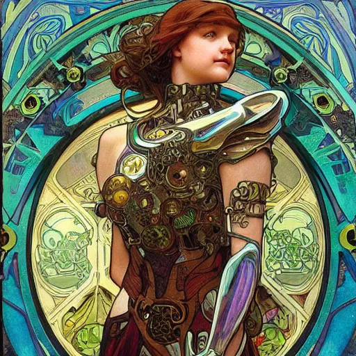 Image similar to realistic detailed 14-year old girl wearing future cybernetic battle armor by Alphonse Mucha, Moebius, Davinci, Donato Giancola, Art Nouveau, Neo-Gothic, gothic, rich deep colors