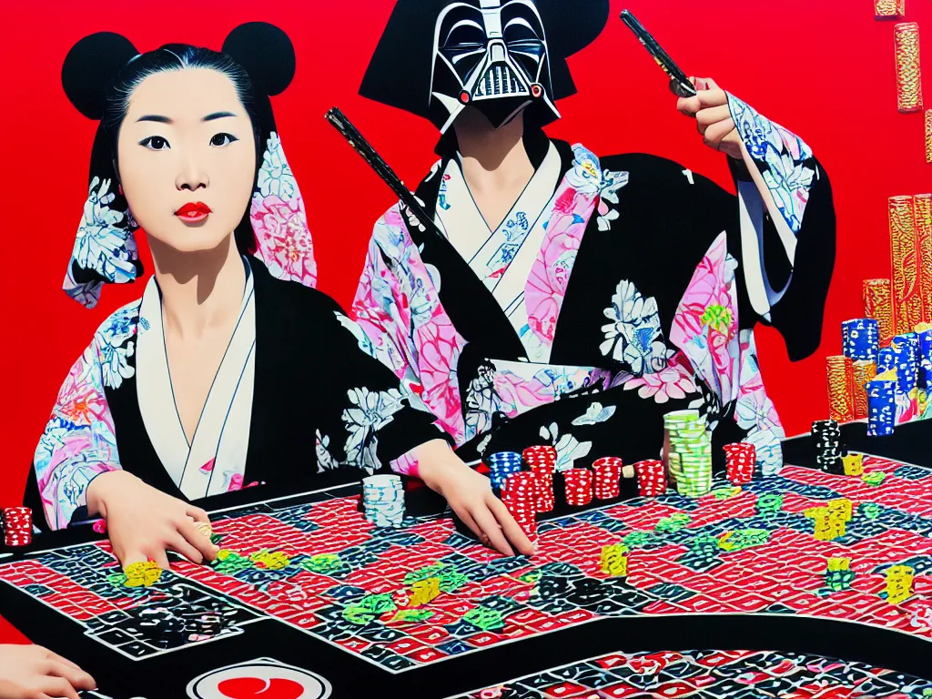 Image similar to hyperrealism composition of the detailed woman in a japanese kimono sitting at an extremely detailed poker table with darth vader, fireworks and folding screen on the background, pop - art style, jacky tsai style, andy warhol style, acrylic on canvas