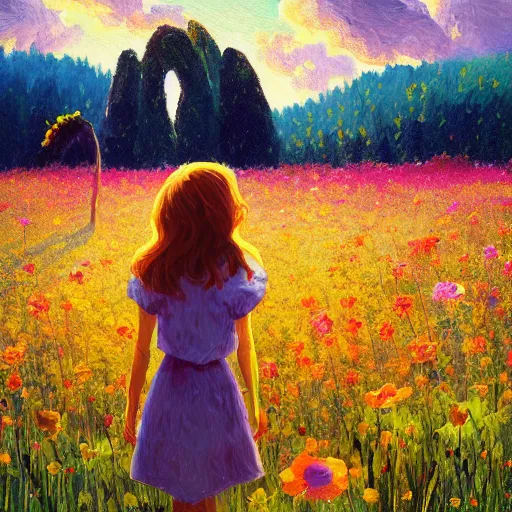 Image similar to girl with giant flower as a face and flower dress, standing in a flower field hills, big trees, sunrise dramatic light, impressionist painting, colorful clouds, digital painting, pointillism, artstation, simon stalenhag