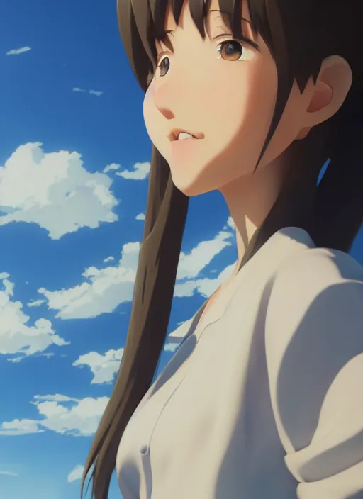 Image similar to A centred portrait anime girl with a sky background, rendered by Makoto Shinkai, syd meade, environment concept, digital art, trending on artstation, low level, 4K UHD image, octane render