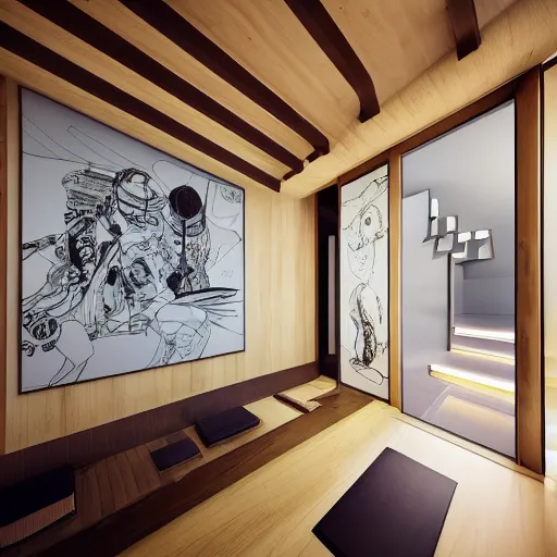 Image similar to modern futuristic interior home design, Japanese wooden house with many art drawings on the wall, photorealistic, ultra-detailed, 4k high resolution, HDR shot, cinematic lighting