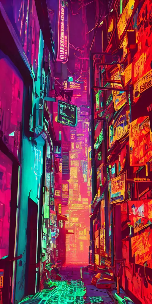 Image similar to cyberpunk alley, pop art, rtx, 8 k, ray tracing, highly detailed, neon, single person