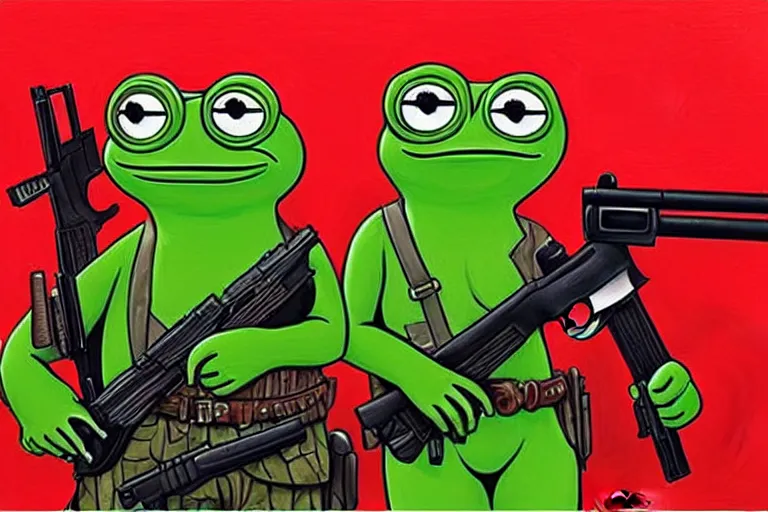 Prompt: portrait of sad pepe the frog and josef stalin with guns fighting a drug cartel, an oil painting by ross tran and thomas kincade