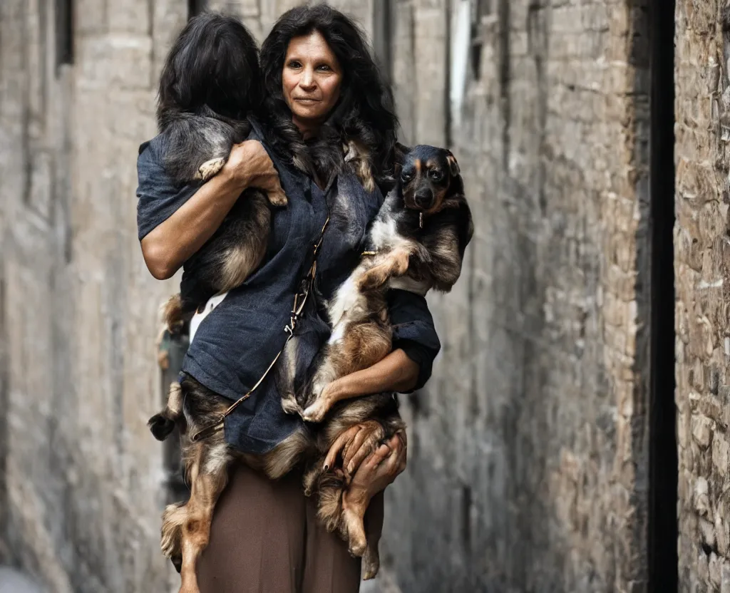 Image similar to closeup portrait of beautiful woman carrying a dog, smoky new york back street, by annie leibovitz and steve mccurry, natural light, detailed face, canon eos c 3 0 0, ƒ 1. 8, 3 5 mm, 8 k, medium - format print