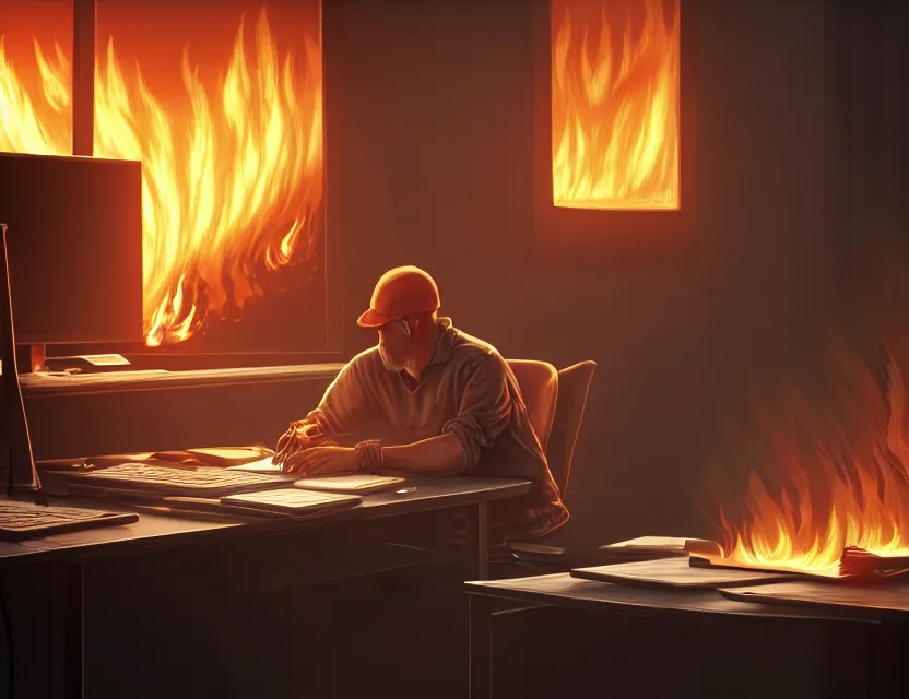 Image similar to a man works at a workstation in a very big office with burning fires, close up, featured in artstation, intricate, ultra detailed, unreal engine, concept art, wide - angle lens, sharp focus, illustration, 8 k