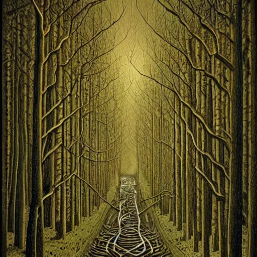 Image similar to the dark tunnels of the woods. Highly Detailed. Masterpiece. By Jeffrey Smith