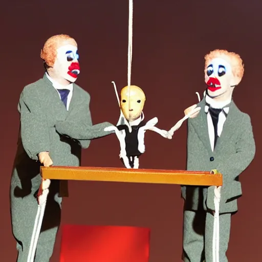 Image similar to puppet show of a string marionette of a president with clown makeup in a podium