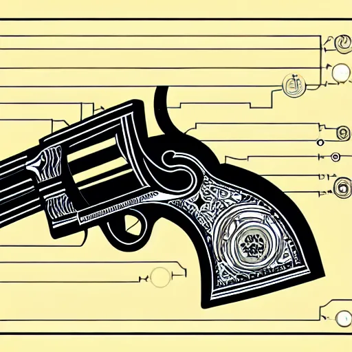 Image similar to a full page schematic diagram illustration of a revolver, ultra detailed, 4 k, intricate, encyclopedia illustration, fine inking lines