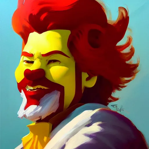 Image similar to greg manchess portrait painting of ronald mcdonald as overwatch character, medium shot, asymmetrical, profile picture, organic painting, sunny day, matte painting, bold shapes, hard edges, street art, trending on artstation, by huang guangjian and gil elvgren and sachin teng