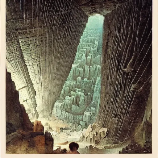 Image similar to looking down onto vast, cold cavern ::3 one majestic Tower of Babel made of twisted machinery reaching from floor to ceiling, wreathed with wires and balconies, wider at the top than the bottom, upside-down, center frame, with blue, pale green, and white lights, by Bruegel and H.R. Giger ::5 lights of an oil refinery at base of tower ::2 harsh framing light from spotlights on the ground ::2 painting of industrial city by Bruegel, Carvaggio, Piranesi, H.R. Giger and Bosch