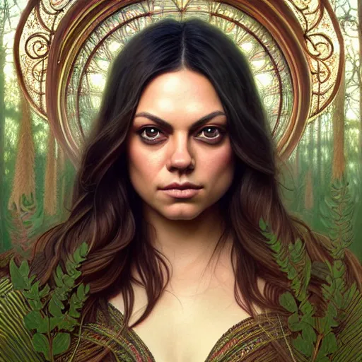 Image similar to symmetry portrait of mila kunis princess, forest background, intricate, elegant, highly detailed, digital painting, artstation, concept art, smooth, sharp focus, illustration, art by artgerm and greg rutkowski and fra angelico and alphons mucha