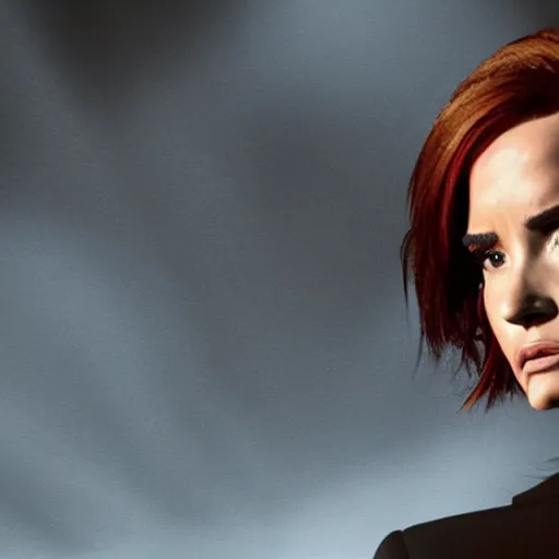 Prompt: close-up of Demi Lovato as Dana Scully with brown hair in an X-Files movie directed by Christopher Nolan, movie still frame, promotional image, imax 35 mm footage