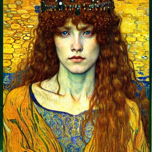 Image similar to detailed realistic beautiful young medieval queen face portrait by jean delville, gustav klimt and vincent van gogh, art nouveau, symbolist, visionary, gothic, pre - raphaelite