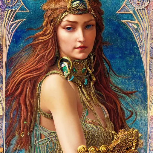 Image similar to artstation, intricate details, hyper details, by gaston bussiere and sandro botticelli, tan skin sumerian goddess inanna, lady of elche, egyptian sumerian features, techno mystic dominatrix goddess intergalactica, inanna with aqua neon rapunzel dreadlocks,