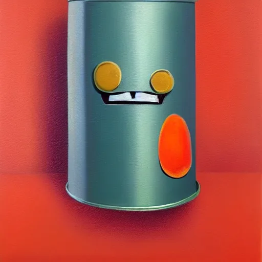 Image similar to a tin can character with a face and arms, opening its mouth, surrealist oil painting