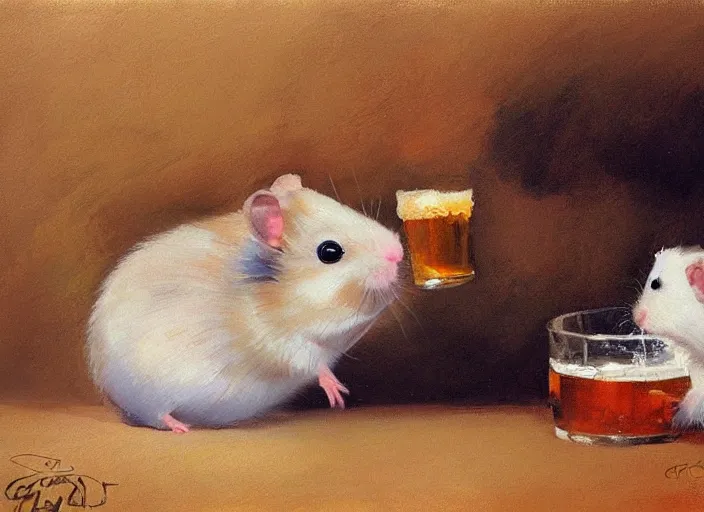 Image similar to a highly detailed beautiful portrait of a cute hamster drinking beer, by gregory manchess, james gurney, james jean