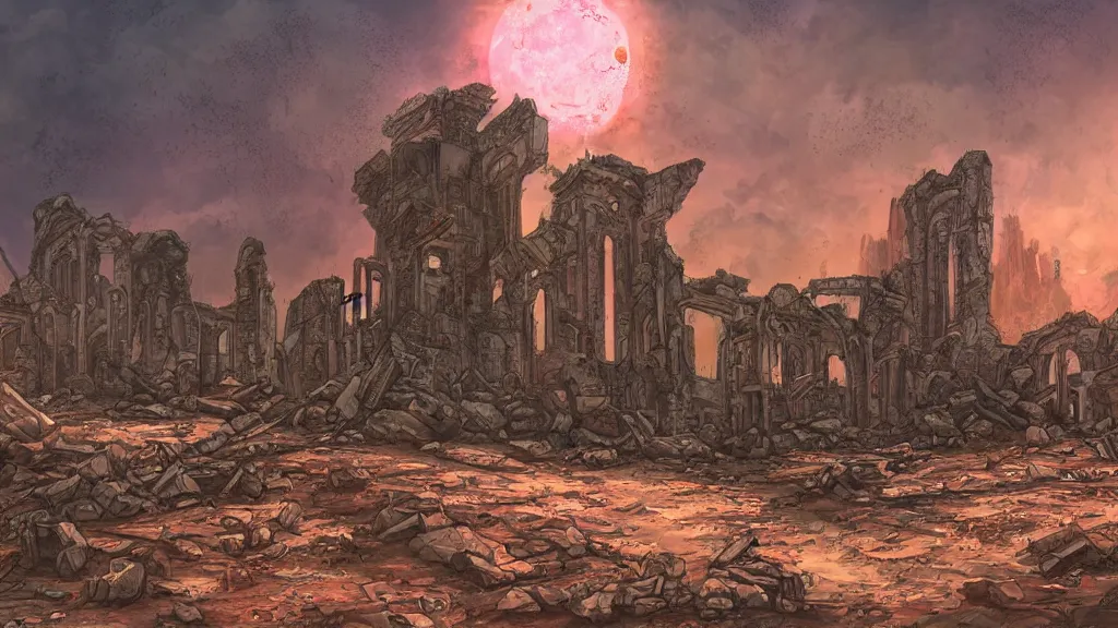 Image similar to an apocalyptic ruins in mars, pastel, colorful, bright, cartoony, digital art