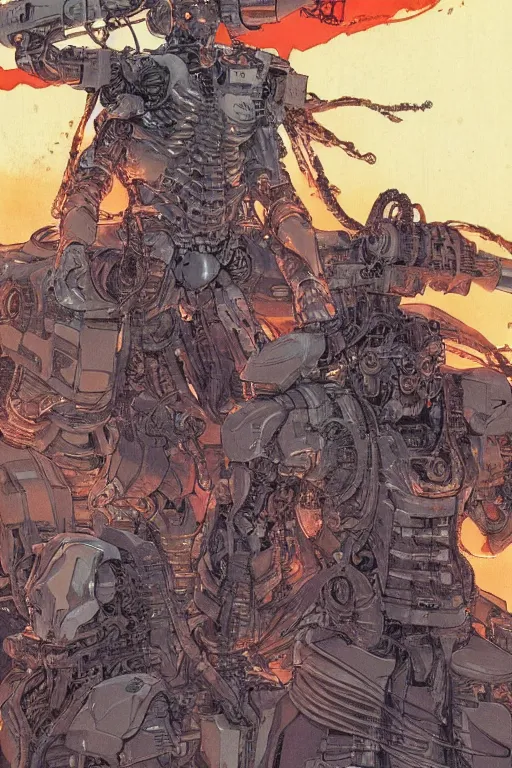 Prompt: cyborg bounty hunters at dusk, a color cover illustration by tsutomu nihei, tetsuo hara and katsuhiro otomo