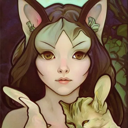 Image similar to a cute mix between a rabbit and a cat, beige, big green eyes, cute artgerm, alphonse mucha