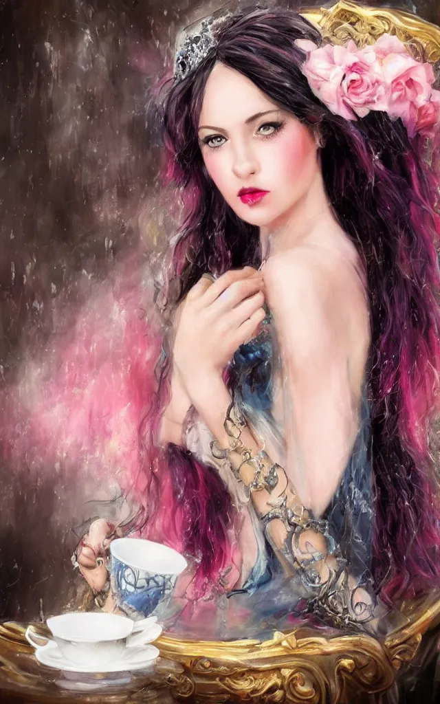 Image similar to beautiful young dark haired girl, with blue eyes, pink lips, dark eye shadow, lois royo style, dark princess of coffee, sitting on a throne drinking coffee.