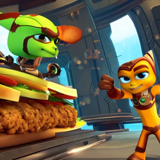 Prompt: In Ratchet & Clank, Ratchet eats a burger