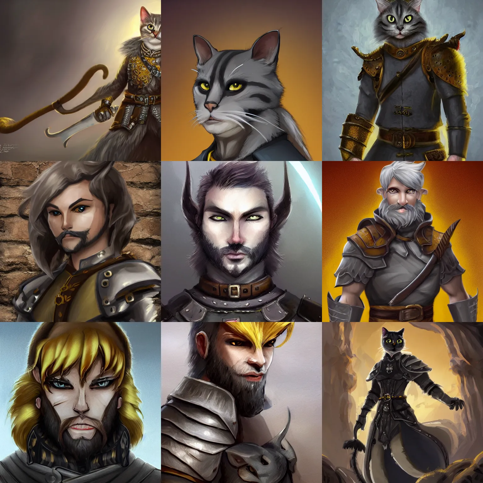 Prompt: Photo of the detail painted cat as dnd aventurer with pale ash-colored skin, yellow cat-eyes with vertical pupils, black thick hair with a touch of gray to the shoulders, with neat stubble, similar to a small beard and with a strong build. He wore a plain old shirt, with a light leather armor, male, elegant, digital fantasy art, hands straight down, insane, under light, at late evening by greg rutkowski and thomas kinkade, Trending on artstation