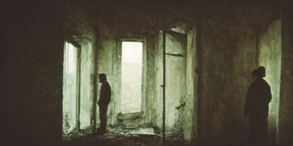 Prompt: detailed analog medium format photo from tarkovsky movie stalker, man looking through window while someone sneakily watches him in a distance, haze, high production value, intricate details, 8 k resolution, hyperrealistic, hdr, photorealistic, high definition, tehnicolor, award - winning photography, masterpiece, amazing colors