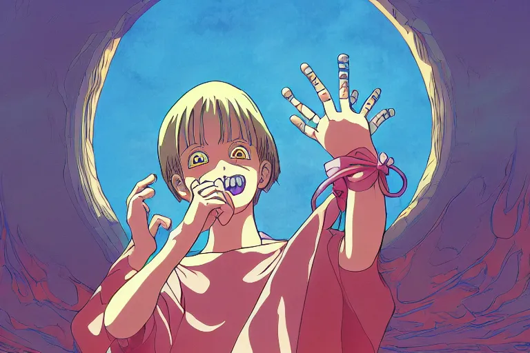 Image similar to digital illustration of a horrified child performing a ritual to summon a powerful demon, clean lines, extreme detail, cel - shaded anime key visual in the style of moebius, ayami kojima, 9 0's anime, retro fantasy, studio ghibli, studio trigger