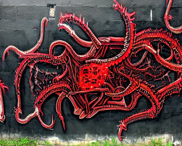 Image similar to 16k photorealistic image of a wall that has some lovecraftian graffiti on it inspired by wretched dragon rib cage. lovecraftian graffiti in red and black colors. the art is cursed and ecrusted with jewels. the grafiiti is inspired by cobwebs and venom.