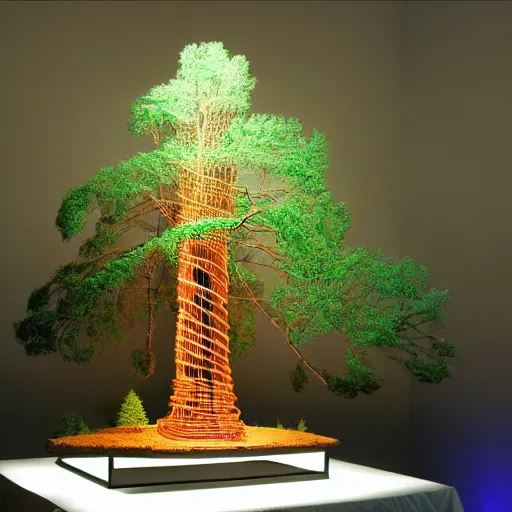 Image similar to Elaborate realistic model of a sequoia made of wire sitting on a professionally illuminated display table